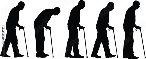 Silhouettes of elderly man walking with cane showing aging mobility, senior support, physical decline, health assistance, independence, and daily movement challenges