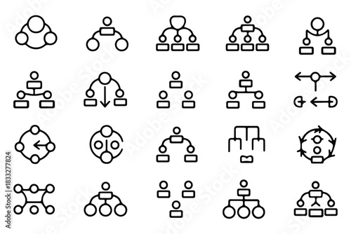 Minimal line business teamwork and organizational structure outline icon set, Clean minimal outline icons representing teamwork, hierarchy, workflow, and business structure