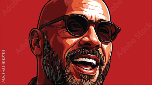 Close-up Portrait of a Smiling Bald Man with Sunglasses and Beard.