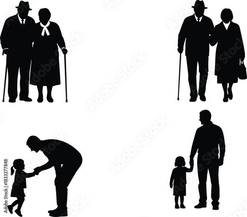 Silhouettes of elderly couples walking with canes and father interacting with child, portraying family generations, caregiving, bonding, and heartwarming lifestyle moments