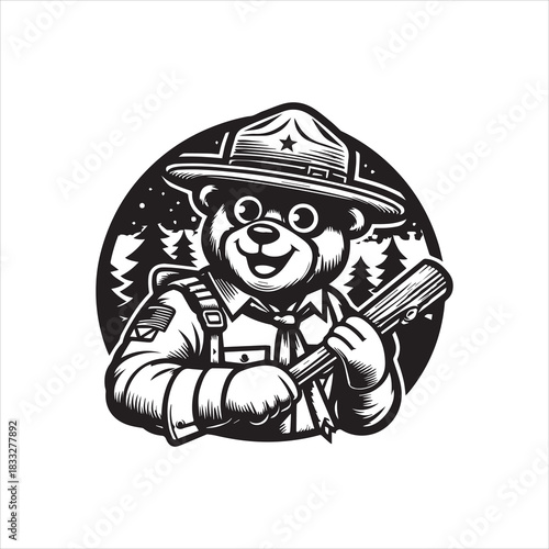 Whimsical woodland guardian bear character logo vector illustration, ideal for nature conservation and outdoor themes