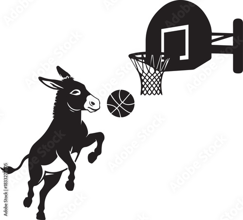 Funny donkey playing basketball and attempting a slam dunk