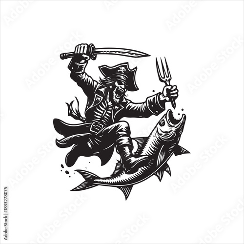 Pirate Riding a Fish Logo Vector Illustration