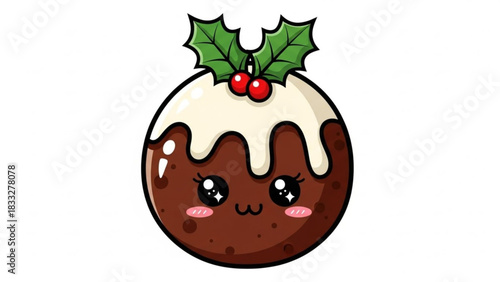 Cute kawaii christmas pudding with holly and berries