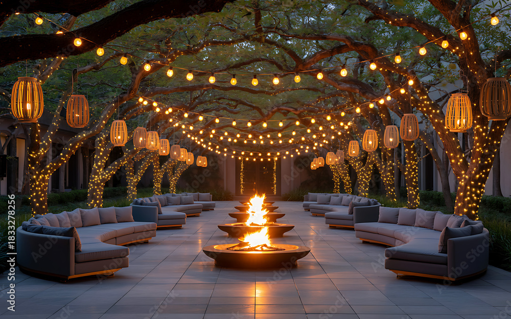 Fototapeta premium Outdoor patio with string lights and fire pits image