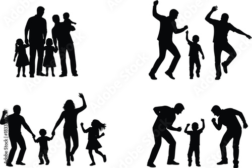 Silhouettes of families dancing, playing and enjoying time together, joyful parent-child interaction for celebrations, family moments, happiness, lifestyle and illustration projects