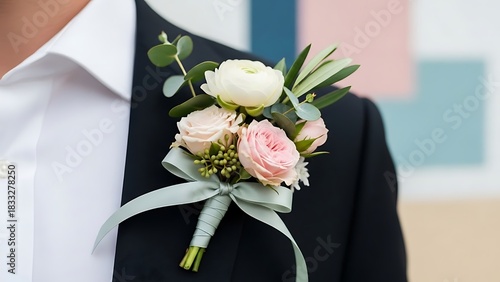 Close up of a groom's boutonniere with pink and white roses on a black suit