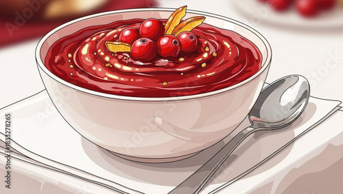 Delicious cranberry sauce in a bowl with fresh berries and spoon