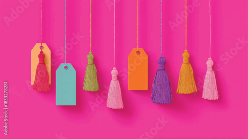 Colorful Tassels and Tags Hanging on Bright Pink Background Decoration