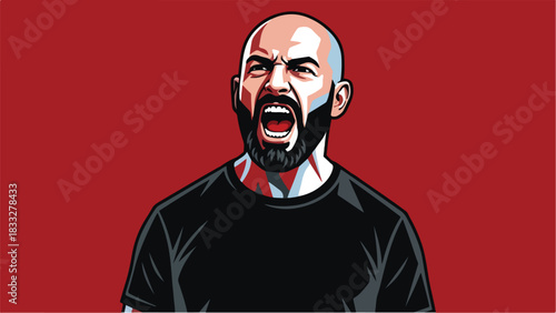 Bald Man with Beard Shouting Aggressively.