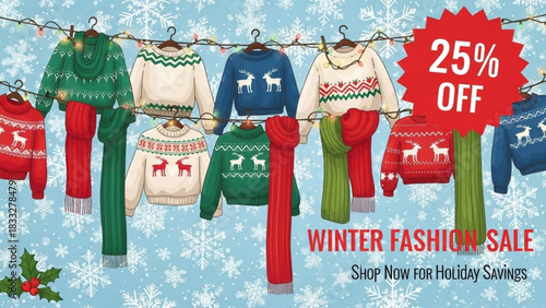 Cozy winter sweaters and scarves on sale with holiday lights