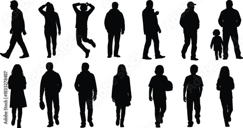 Silhouettes of men, women, and children walking, standing, and posing in various everyday positions for lifestyle, people, motion, and activity concepts