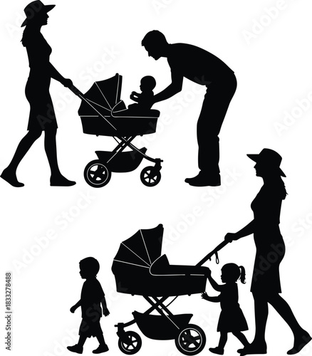 Silhouettes of parents walking with children and baby strollers, representing family life, parenting, childcare, outdoor activity, motherhood and fatherhood scenes