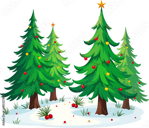 Charming group of decorated Christmas pine trees with snow accents, gentle shading and festive ornaments, wonderful for winter cards, holiday backgrounds, prints, invitations and seasonal crafts