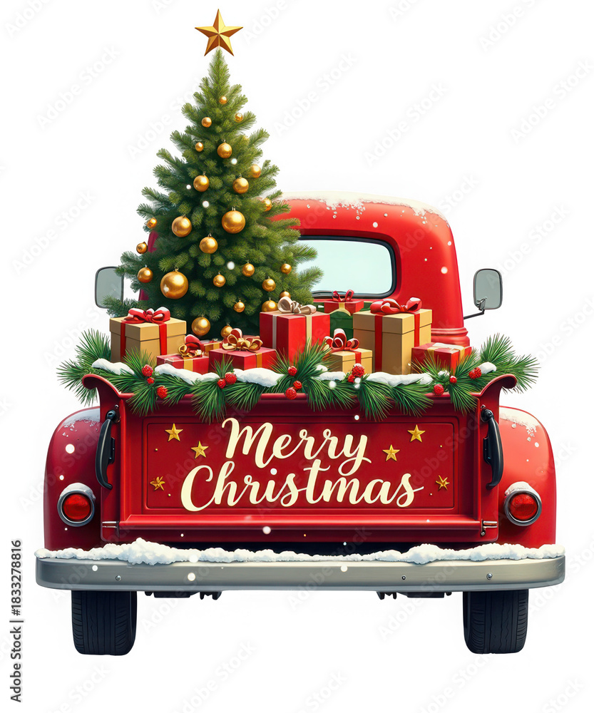 Naklejka premium Festive red vintage pickup truck overflowing with christmas tree, gifts, and garland, celebrating the holiday spirit isolated on transparent background