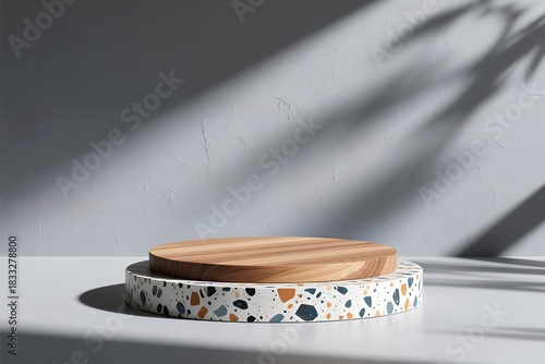 Fototapeta Naklejka Na Ścianę i Meble -  3D rendering scene mockup wood and terrazzo texture podium in landscape grey wall and shadows