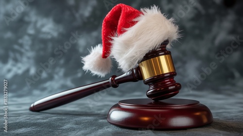 Judge's wooden gavel wearing Santa Claus hat on textured background representing holiday law consultation, justice, and seasonal legal services