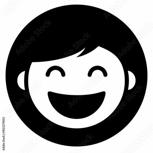 Joyful child face icon with black hair and big smile
