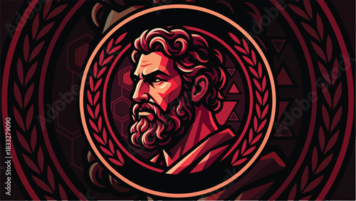 Ancient Greek God Zeus Head Emblem with Laurel Wreath.