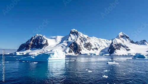 Wallpaper Mural Snowy mountains meet a blue ocean under a clear sky, with icebergs floating peacefully in the cool water Torontodigital.ca