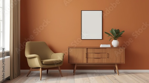 A nostalgically inviting living room, the focal point being a vintage olive armchair