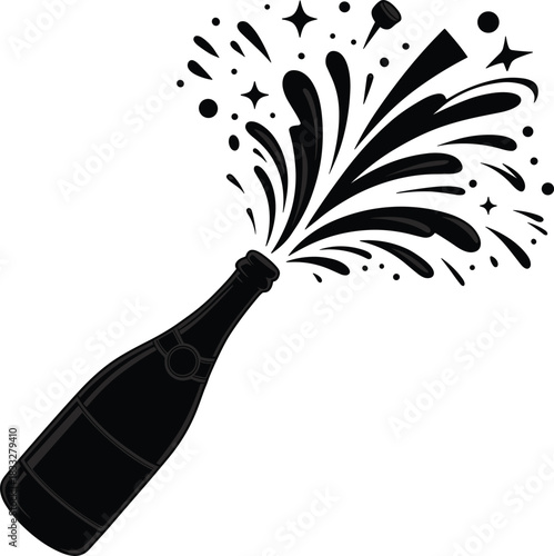 Black silhouette of champagne bottle popping with splashes and stars