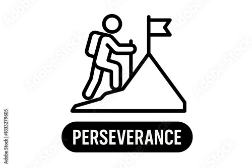 Hiker climbing steep hill toward summit flag symbolizing success and determination