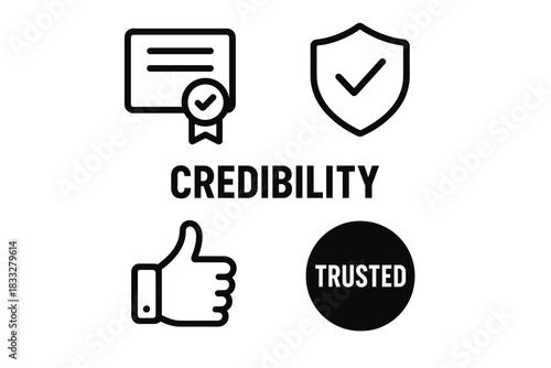Credibility and trust concepts featuring certification, security shield, thumbs up gesture, and trusted badge