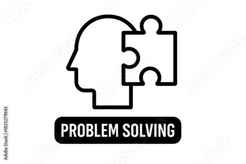 Human head profile with puzzle piece fitting into the brain area symbolizing problem solving and solution