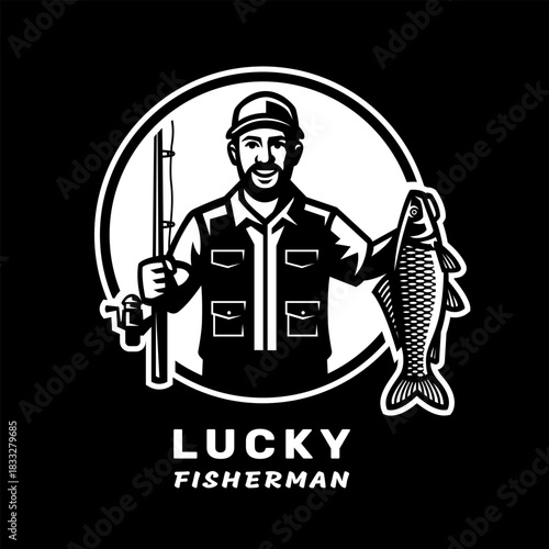 Lucky fisherman. Logo of a fisherman with a fishing rod and fish on dark background