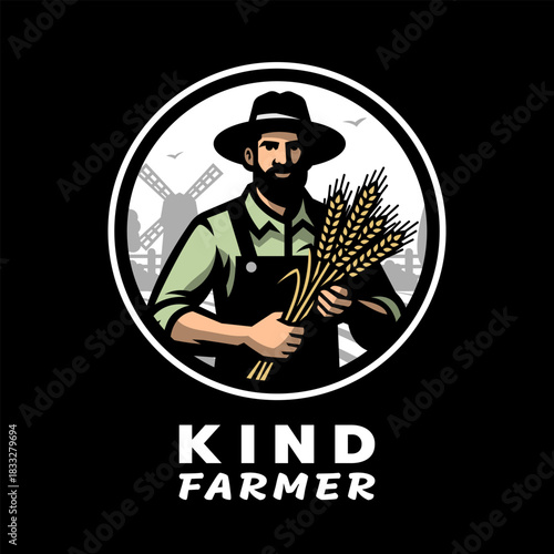 Kind farmer. Farmer holding wheat logo on dark background