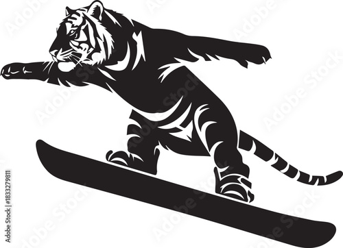 Tiger snowboarding silhouette action sport animal