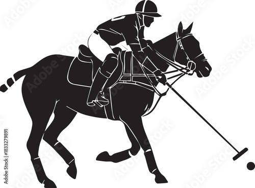 Silhouette of a polo player on horseback swinging a mallet