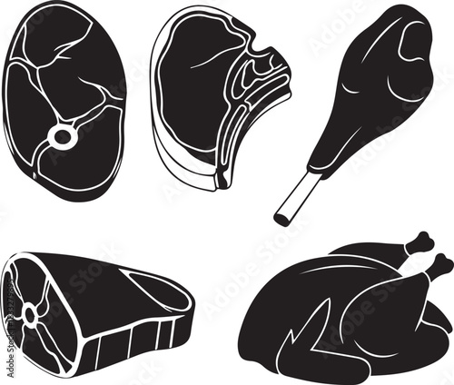 Collection of raw meat cuts and a whole chicken silhouette