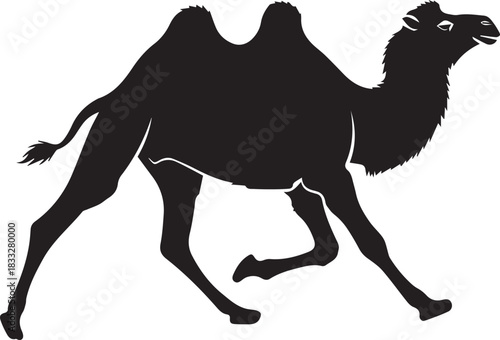 Black silhouette of a dromedary camel walking against a white background