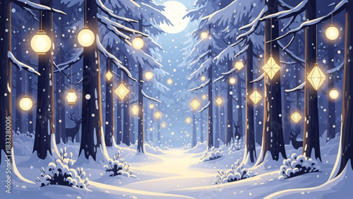 Enchanted winter forest path illuminated by hanging lanterns and moonlight