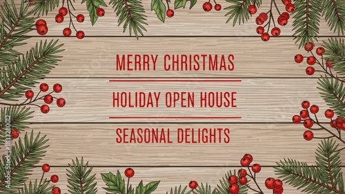 Merry christmas holiday open house seasonal delights wood background
