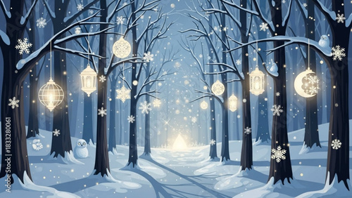Enchanting winter forest scene with hanging lanterns and snowflakes