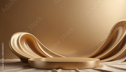 Fototapeta Naklejka Na Ścianę i Meble -  Luxury background for branding and product presentation. Beige color podium on gold fabric flying wave. 3d rendering illustration.