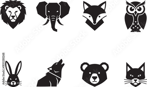 Collection of eight black and white stylized animal head icons including lion elephant fox owl rabbit wolf bear and cat