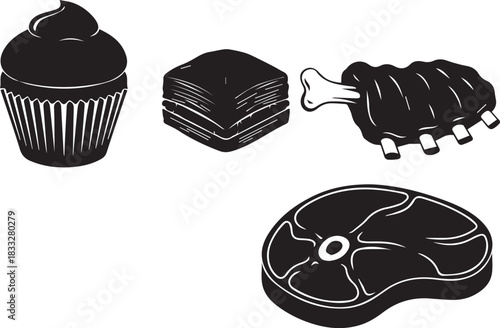 Collection of food items including a cupcake steak ribs and baklava