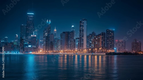 Wallpaper Mural Stunning Nighttime Cityscape of Chicago with Illuminated Skyscrapers and Reflections on Water Torontodigital.ca