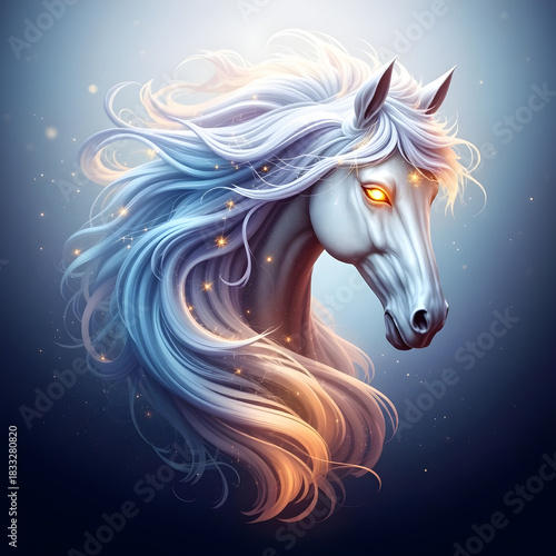 A horse with a glowing eye and long white hair