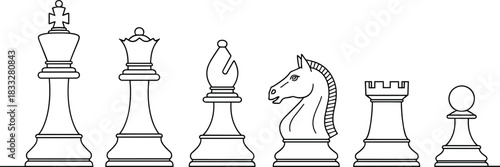 Set of black line vector icons for all six classic chess pieces: King, Queen, Bishop, Knight, Rook, and Pawn, symbolizing strategy and intellect.