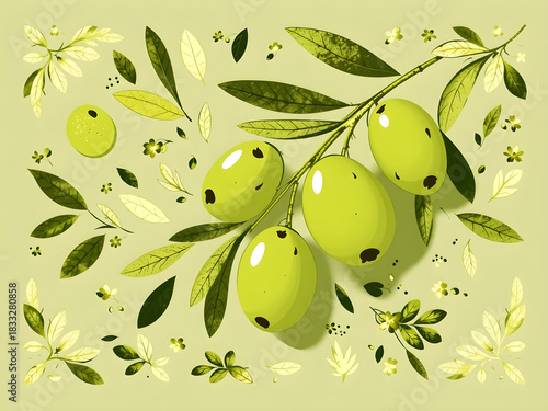 A green leafy background with three olive fruits on it