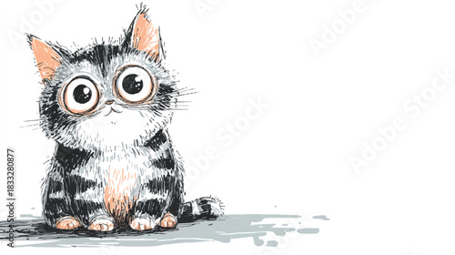 Cute wide eyed kitten illustration with sketched details on white background
