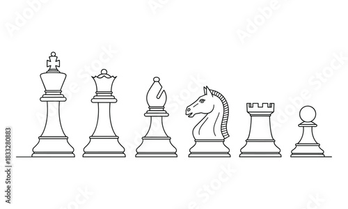 Set of black line vector icons for all six classic chess pieces: King, Queen, Bishop, Knight, Rook, and Pawn, symbolizing strategy and intellect.