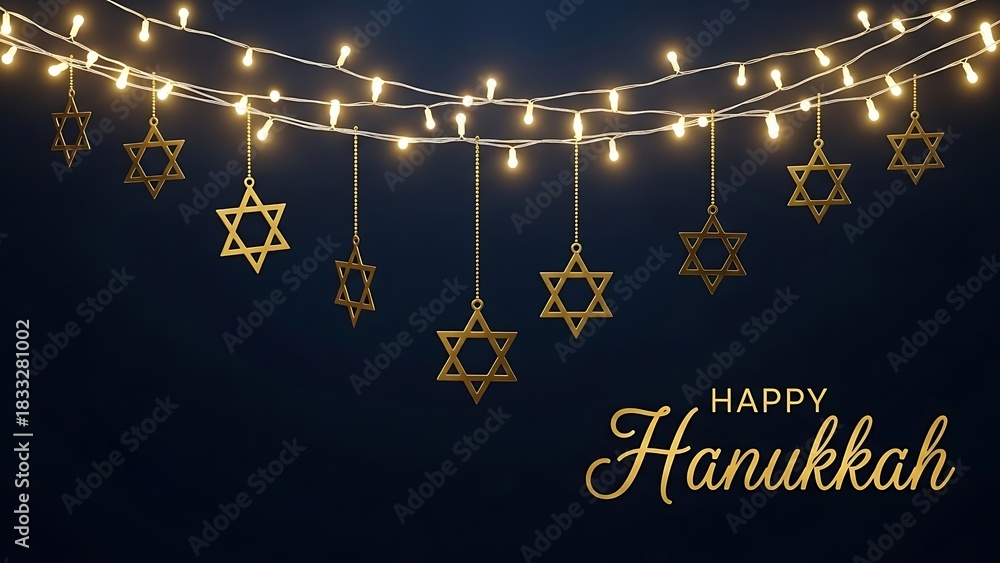 Naklejka premium Happy hanukkah with star of david ornaments and string lights on dark blue