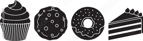 Black and white illustration of a cupcake donut cookie and cake slice