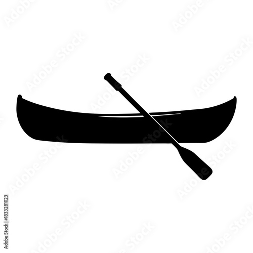 Stylized silhouette image of a canoe and paddle on a white background